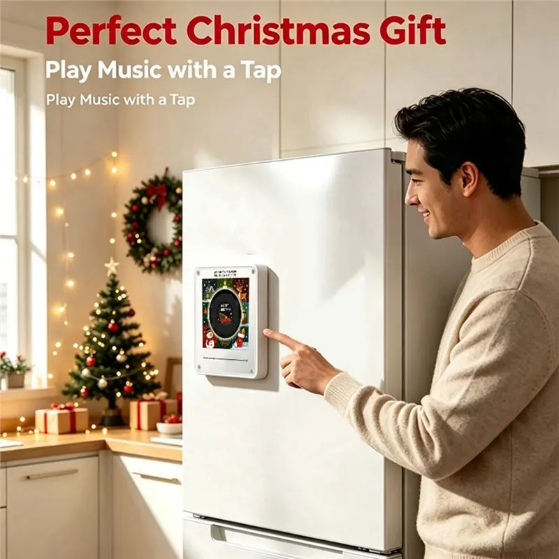 B50C Xmas Fridge Magnet Touch To Play Magnetic Music Vinyl Record Player Christmas Fridge Magnet Night Light Built-In LED