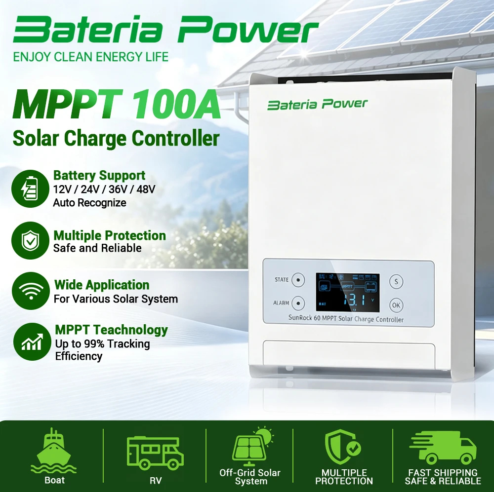 Bateria Power 100A 12/24/36/48V MPPT Solar Charge Controller, BateriaPower 99.5% MPPT Efficiency Solar Panel Charge Regulator