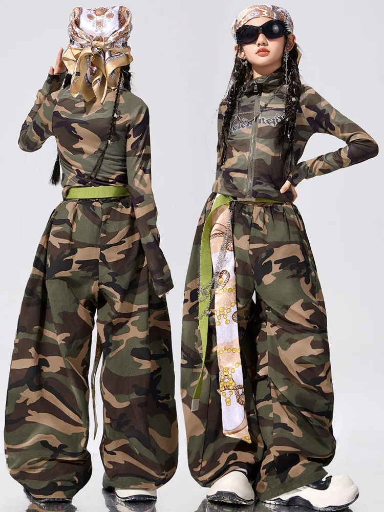 

Комплекты K-pop для девочек: камуфляжный топ и брюки карго, детская уличная одежда, одежда для джаза, хип-хопа, военная одежда для девочек, одежда для групповых выступлений
