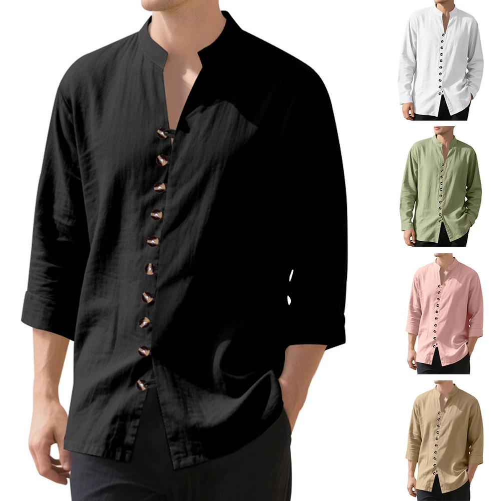 Camisa de manga larga de lino y algodón para hombre, Top informal con botones de Color sólido, camisa cómoda y ligera transpirable, camisas con cuello Henly