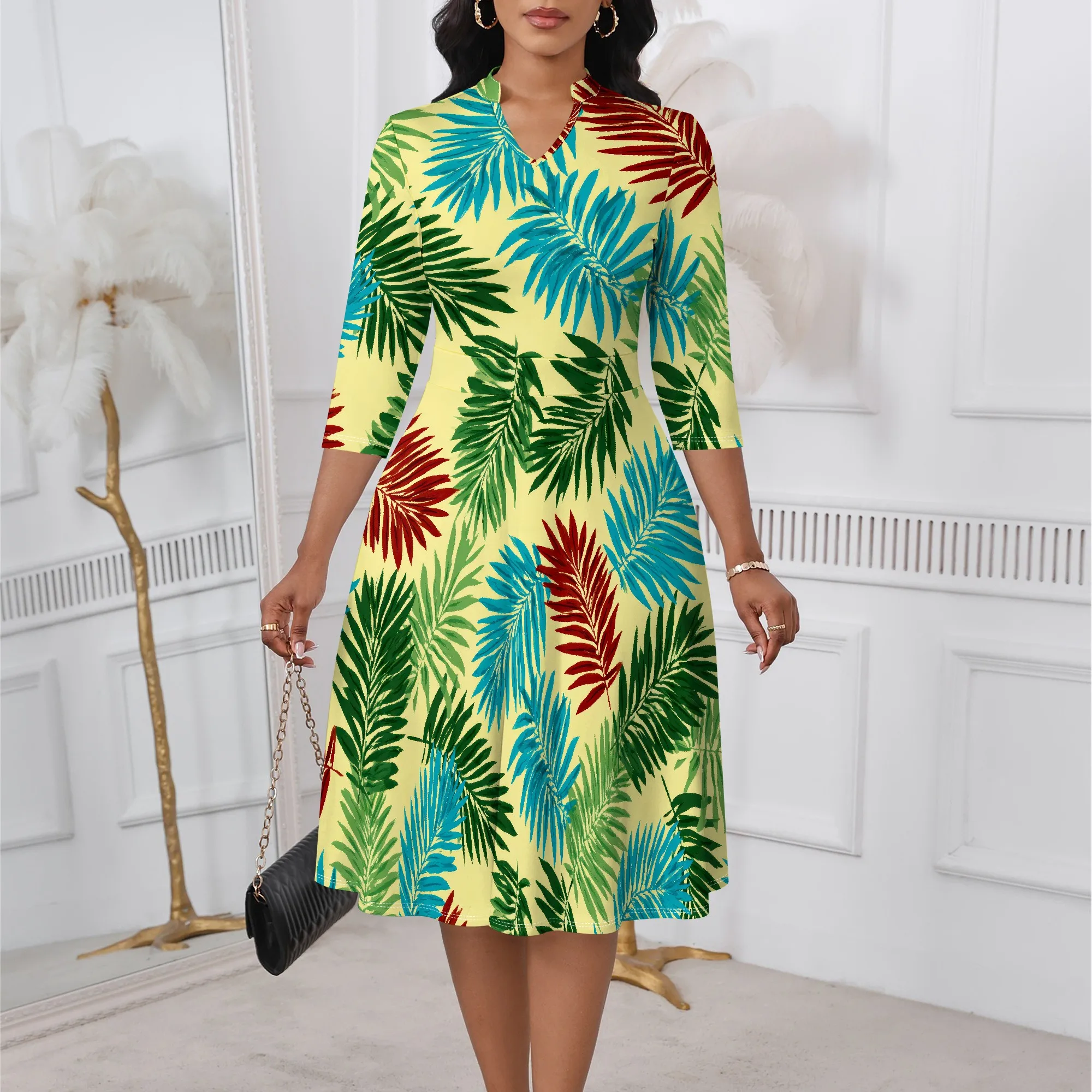 ผู้หญิงElegant 3/4 Sleeveเซ็กซี่สูงเอวVคอRuffleชุดA-Line Flowy Sundressค็อกเทลปาร์ตี้Midiชุด