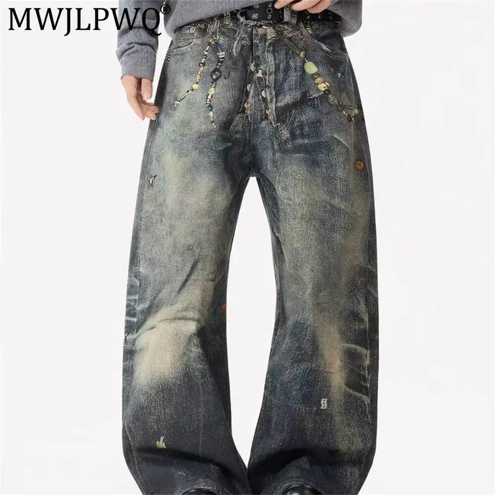 MWJLPWQ Chain Digital Print Denim Trousers Niche Design Curved Vintage Distressed Punk Wide-Leg Scythe Pants For Men 20209
