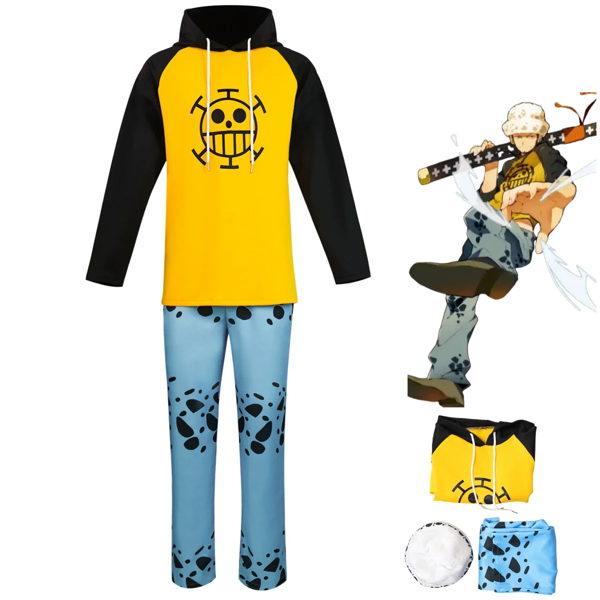 

Anime Trafalgar D. Water Law Cosplay Costume Splicing Sleeves Yellow Hooded Sweater Hat Adult Man Halloween Carnival Suit