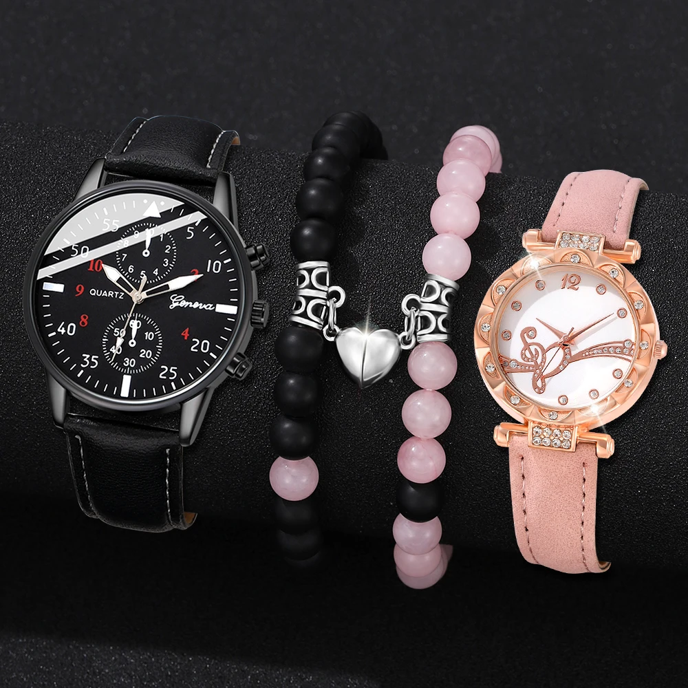 4 Piece Set Of Fashionable Simple And Luxurious Couple Watches Quartz Watches Leather Watches Bracelets And Accessories Set