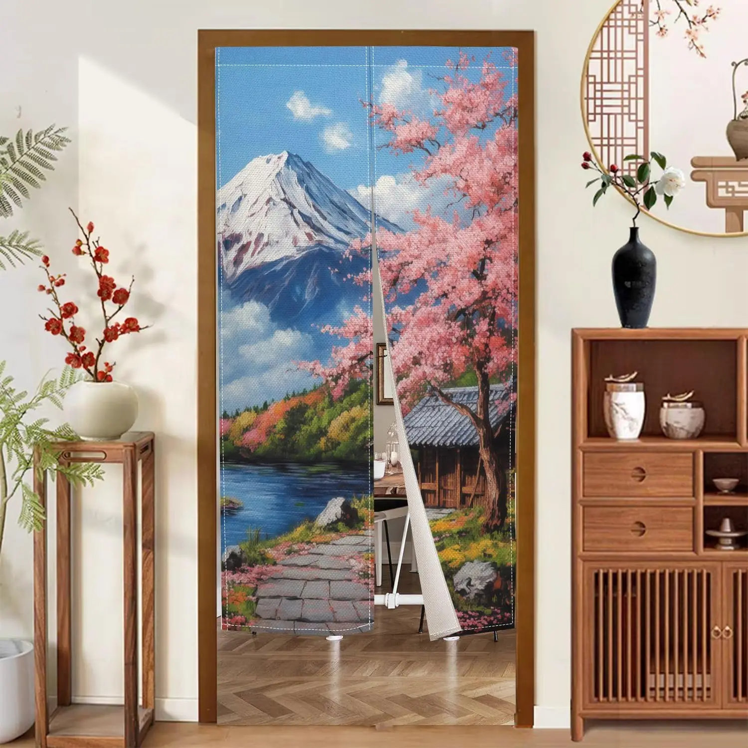Japanese Noren Doorway Curtain Mount Fuji and Cherry Blossom Printed Long Ukiyoe Style Door Tapesty for Wall Hanging Room
