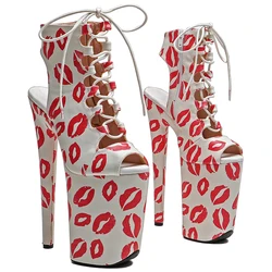 Leecabe Lip Print Matte PU Upper Open Toe Bota de tornozelo de salto alto, Tendência Moda Stripper Heel, Pole Dance Boot, 23cm, 9 polegadas