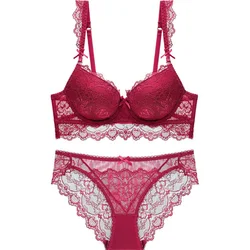 Europe Plus Size Women Lingerie Sexy Lace Embroidery Push Up Bra Set Romantic Red Underwear Comfortable Bras and Panties Set