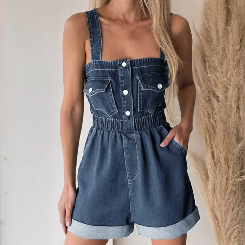 

﻿ Women Summer Denim Overalls Ladies Spaghetti Straps Elastic Waist Jeans Short Jumpsuits and Rompers With Poackets