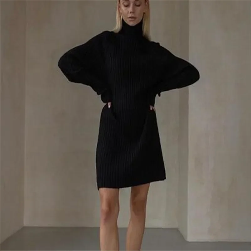 Simple Stripe Thread Knit Short Dress Female Fashion Medium Length Solid Color High Neck Warm Loose Sweater For Women