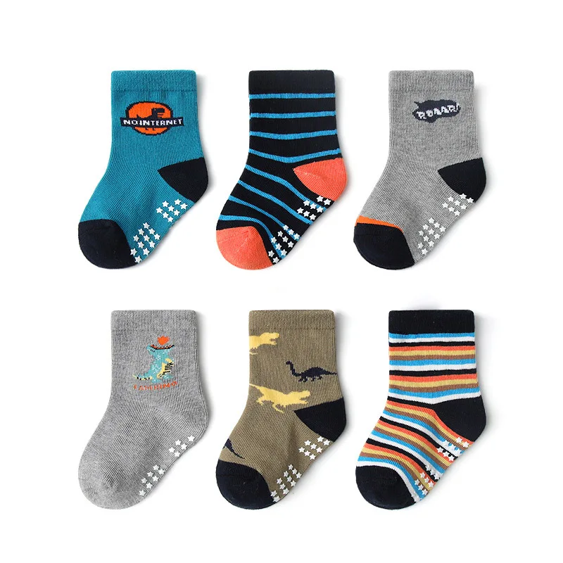 6 Pairs Kids Non-Slip Socks Cartoon Dinosaur Pattern Floor Socks for Children Boys Toddler All-Season