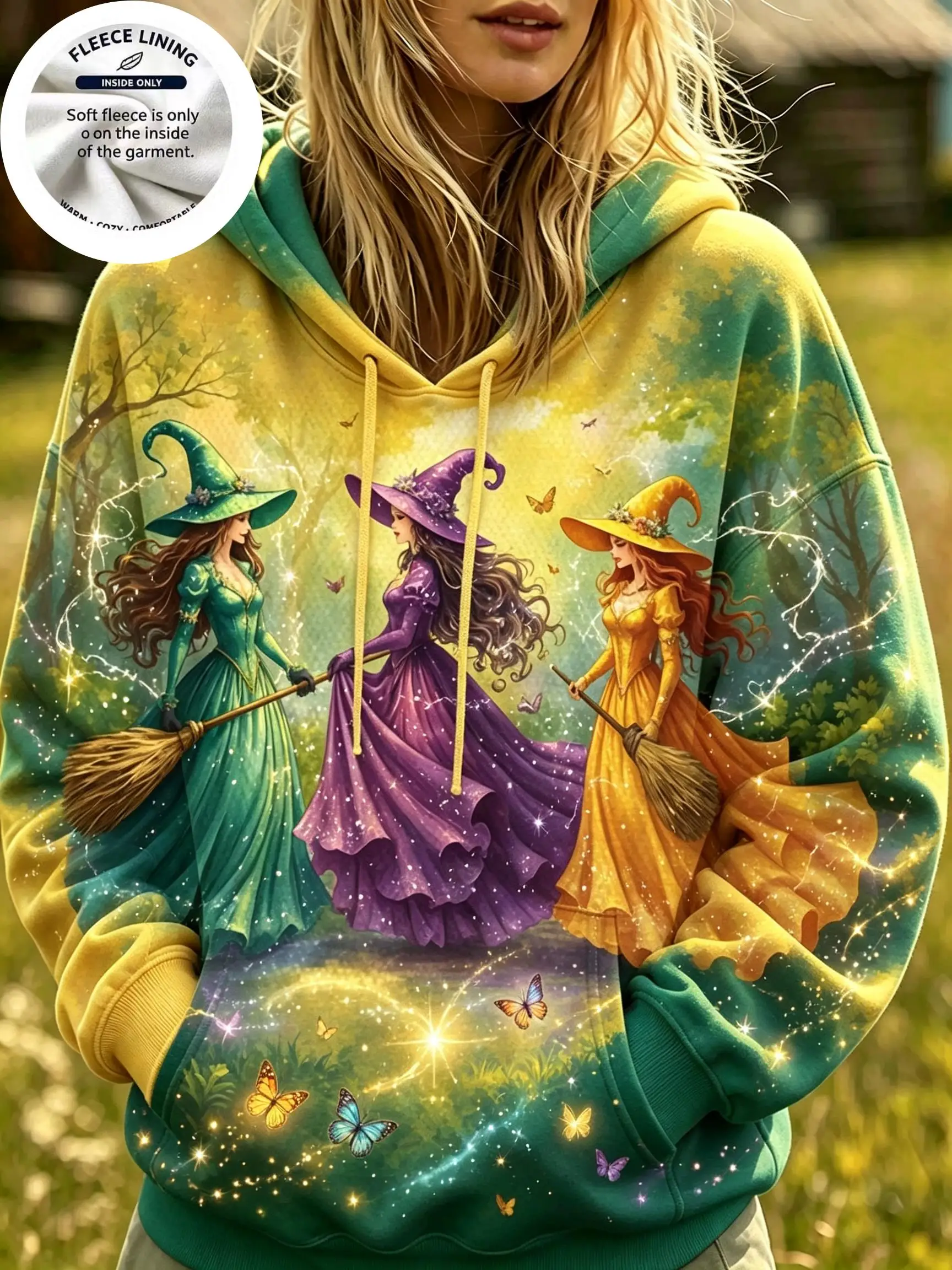 Women Fleece Hoodie, Halloween Forest Witches Print Long Sleeve Pullover, Fantasy Magic Casual Sweatshirt