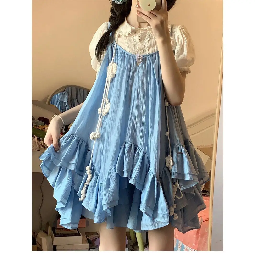 

Japan Suspender Suspender Skirt Open Back Loose Irregular Fresh Fashion Sweet Blue Short Skirt Dress Suit Top
