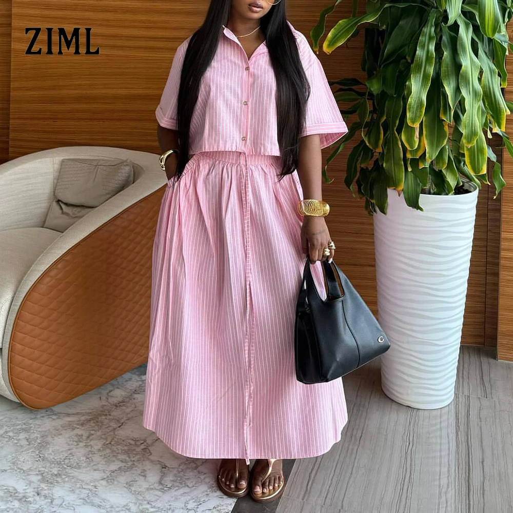 

ZIML Свободные повседневные комплекты из двух предметов в полоску для женщин, топ с короткими рукавами и лацканами, длинная юбка с высокой талией, милый комплект, женский модный стиль, новинка