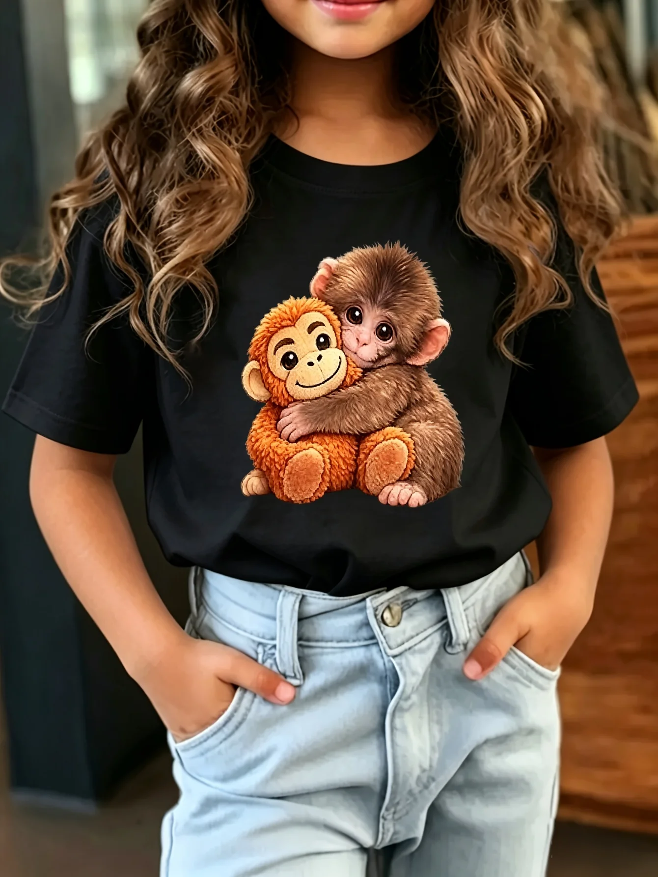 Kids Lovely Hugging Monkey Best Friends Graphic Tee Boys Girls Family Matching Short Sleeve Cartoon Animal Casual Daily T Shirt