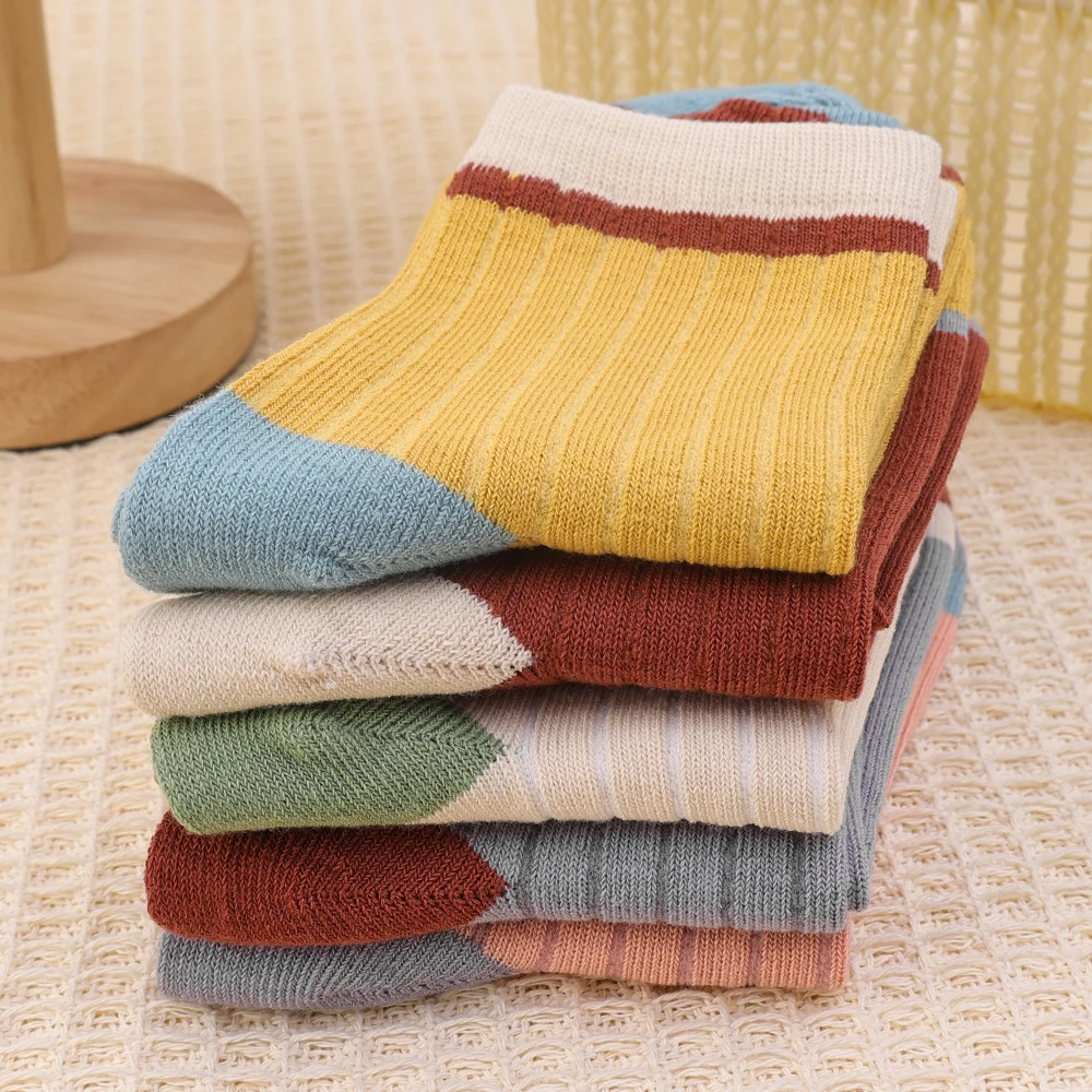 1/3/5Pairs Thickened Striped Women Socks Harajuku Retro Solid Color Mid-tube Socks Autumn Winter Breathable Sweat-absorbent Sock