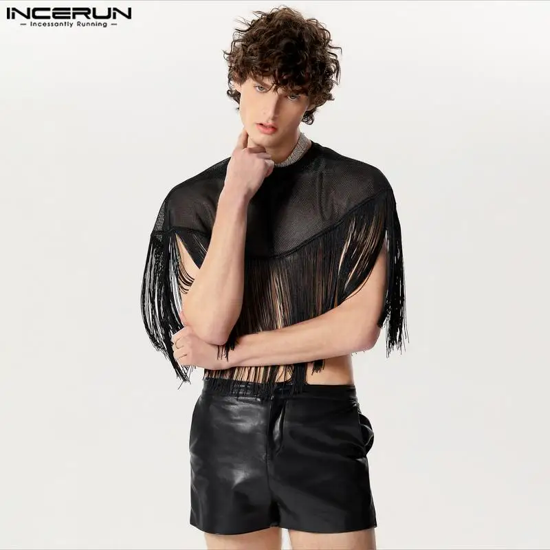 2024 Men Tank Tops Cloak Tassel Patchwork O-neck Sleeveless Irregular Vests Streetwear Sexy Fashion Male Ponchos INCERUN S-5XL