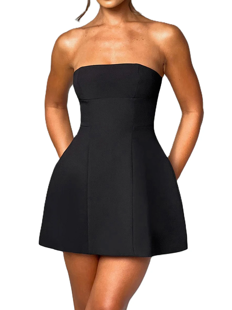 

Women Strapless Tube Top Mini Dress Backless Solid Slim Fit A-line Off Shoulder Swing Cocktail Party Dress Clubwear