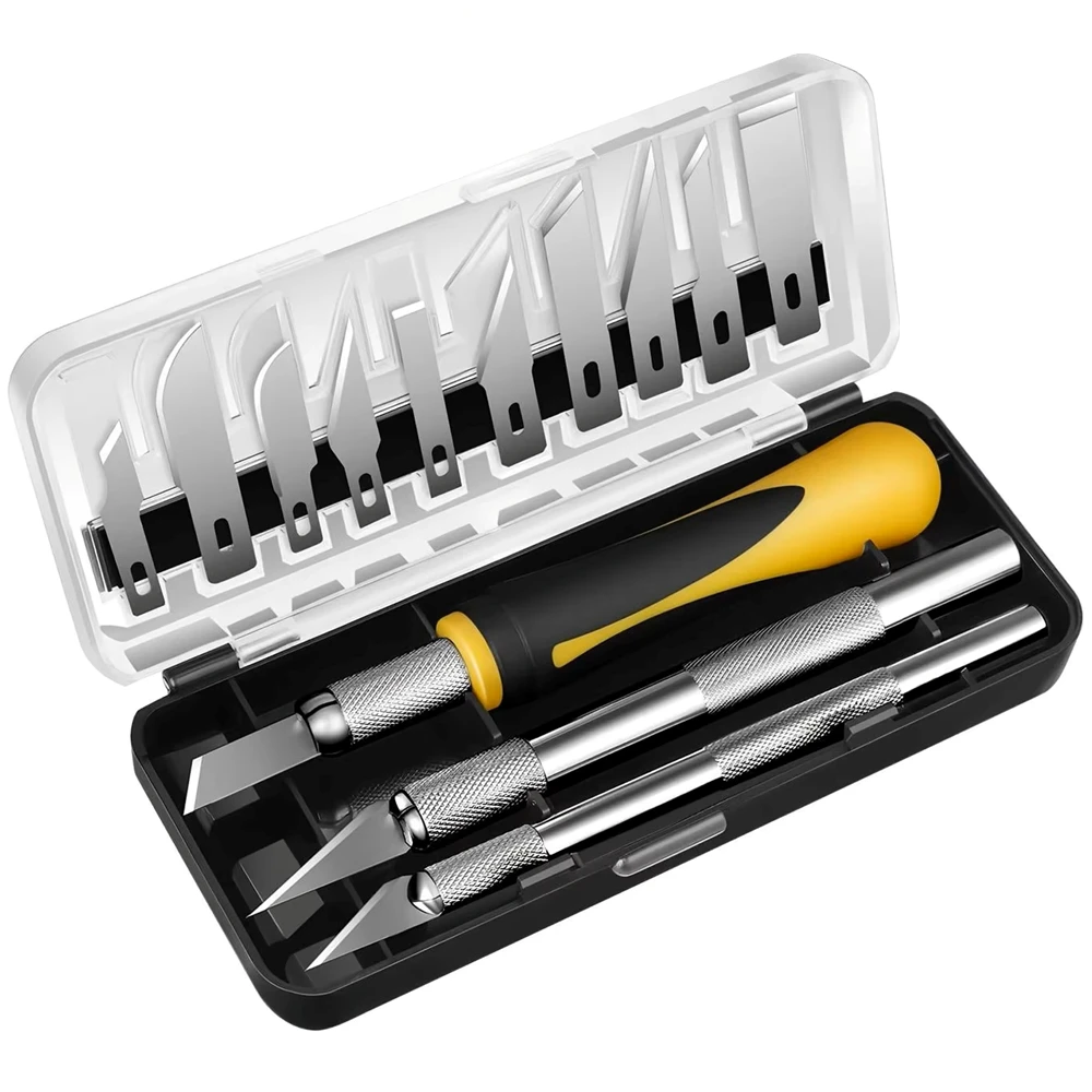 

Набор ножей для рукоделия SK5, 16 шт., прецизионные ножи для хобби из высокоуглеродистой стали, набор художественных ножей с 13 лезвиями, сменные ручки для резьбы