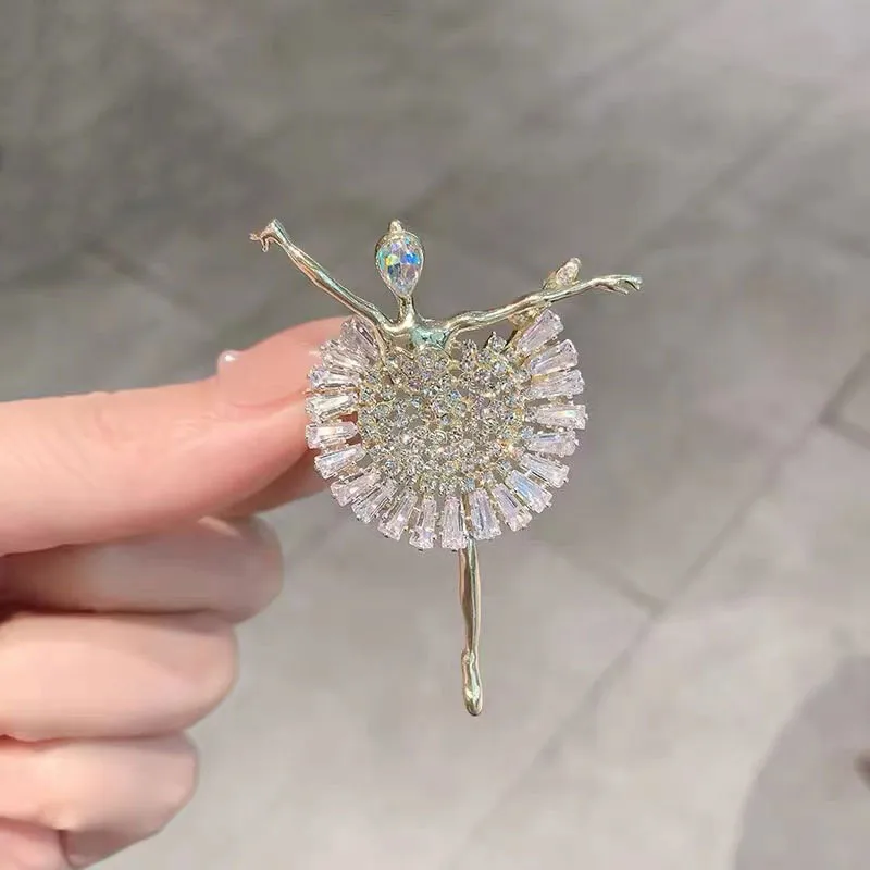 Ballerina Beautiful Ballet Girl Brooches Shiny Full Rhinestone Gold Color Graceful Dancer Hijab Pins Brooch Accessories Jewelry