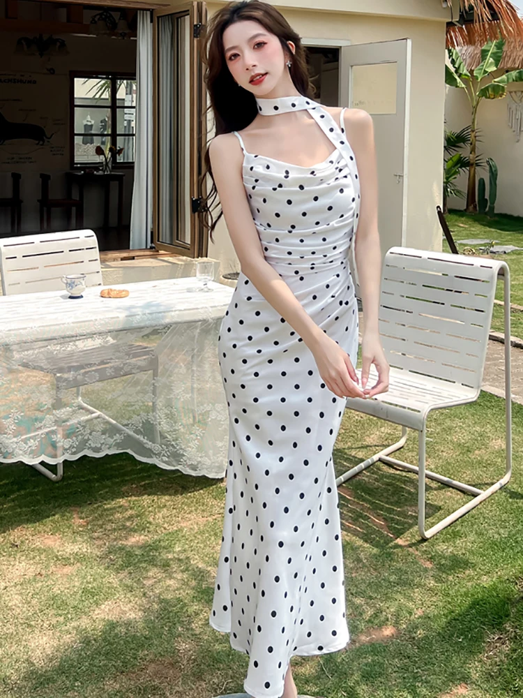 2025 الأبيض الساتان البولكا نقطة شيك حبال مثير فستان طويل الكورية خمر الفاخرة المرأة فستان الصيف أنيقة Bodycon فساتين السهرة