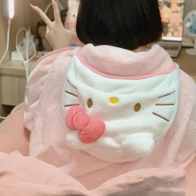 Sanrio Cloak Hellokitty Air Conditioning Plush Blanket Hooded Cute Cloak Student Dormitories Office Blanket Shawl