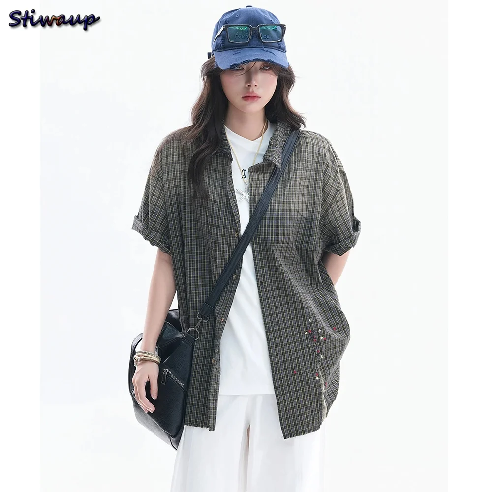 

Women's Blouses and Shirts Vintage Check Gradient Short Sleeve Women's Plaid Shirt Star Embroidery Unisex Loose Fit Women's Tops
