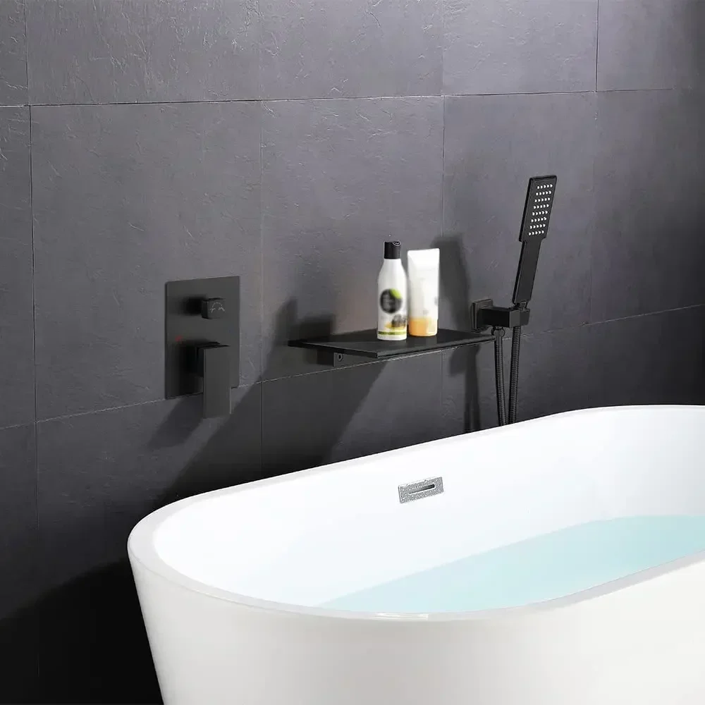 Brushed Gold/Black/Chrome Waterfall Spout Wall Mounted Roman Tub Faucet with Handheld shower