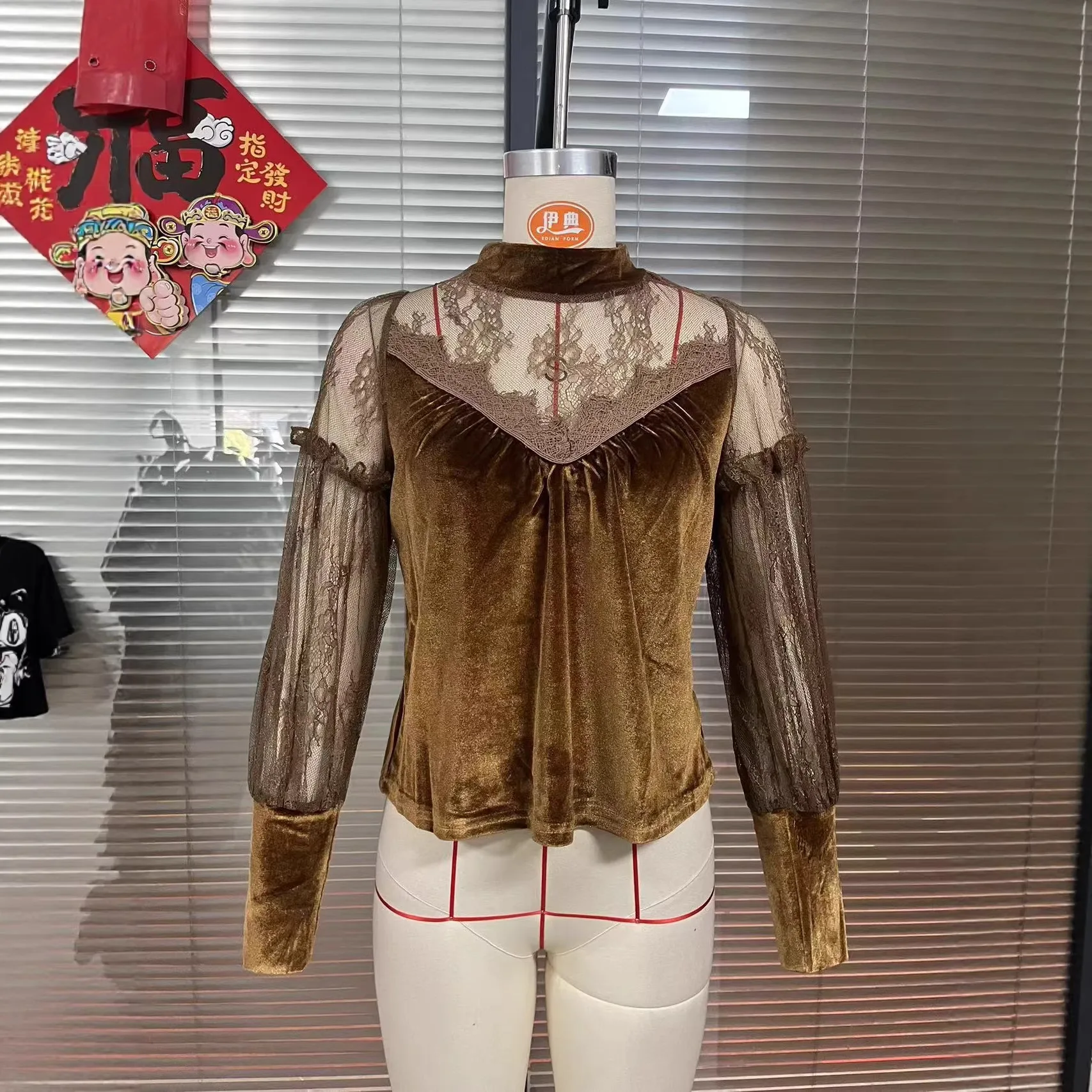 Fashion Women's Velvet Lace Splicing Lantern Long Sleeve Blouse High Neck Elegant Versatile Trendy Casual Commute Daily Wear Top - view 3