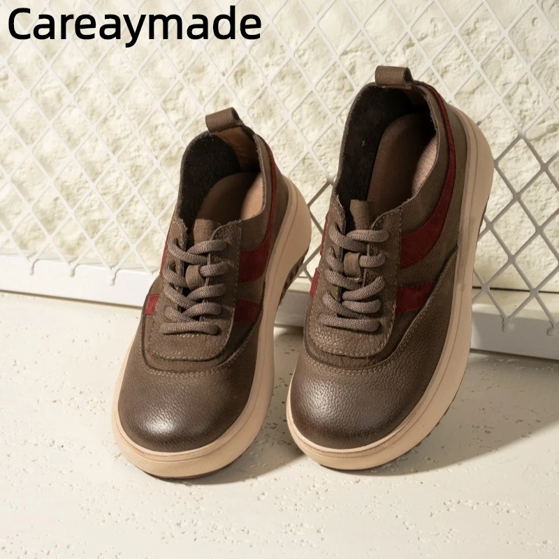 

Careaymade-женские ботинки из натуральной кожи на толстой подошве с широкими носками, белые туфли для спортивного отдыха, модная женская обувь на толстой подошве
