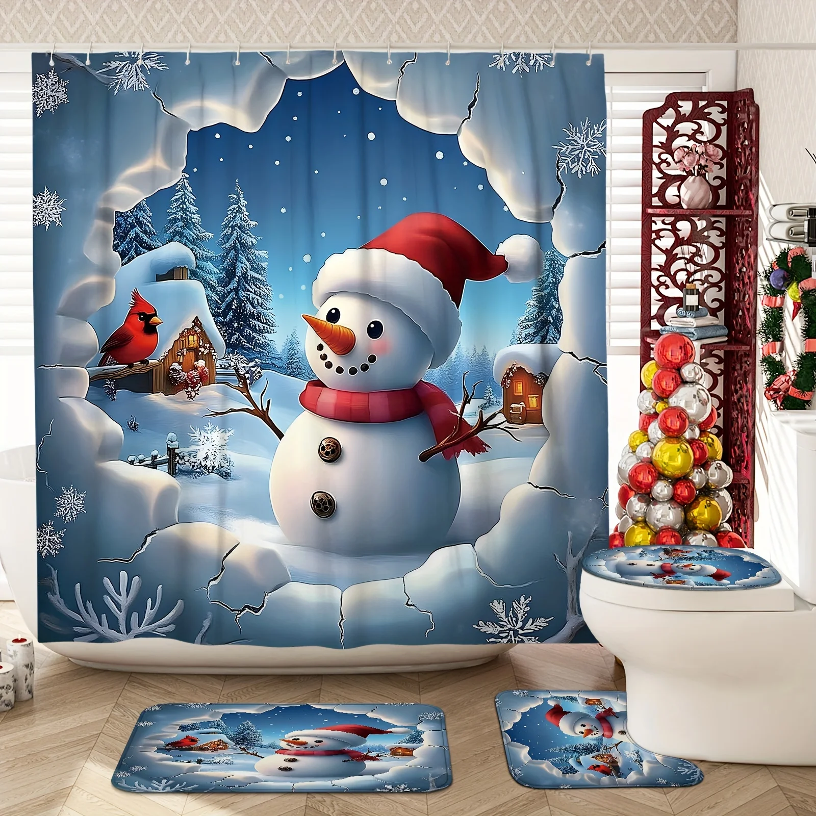 4pcs Christmas Snowman Cardinal Shower Curtain Set, Cute Red Blue Xmas Bathroom Decor , Non-Slip Mat & U-Shape Toilet Cover