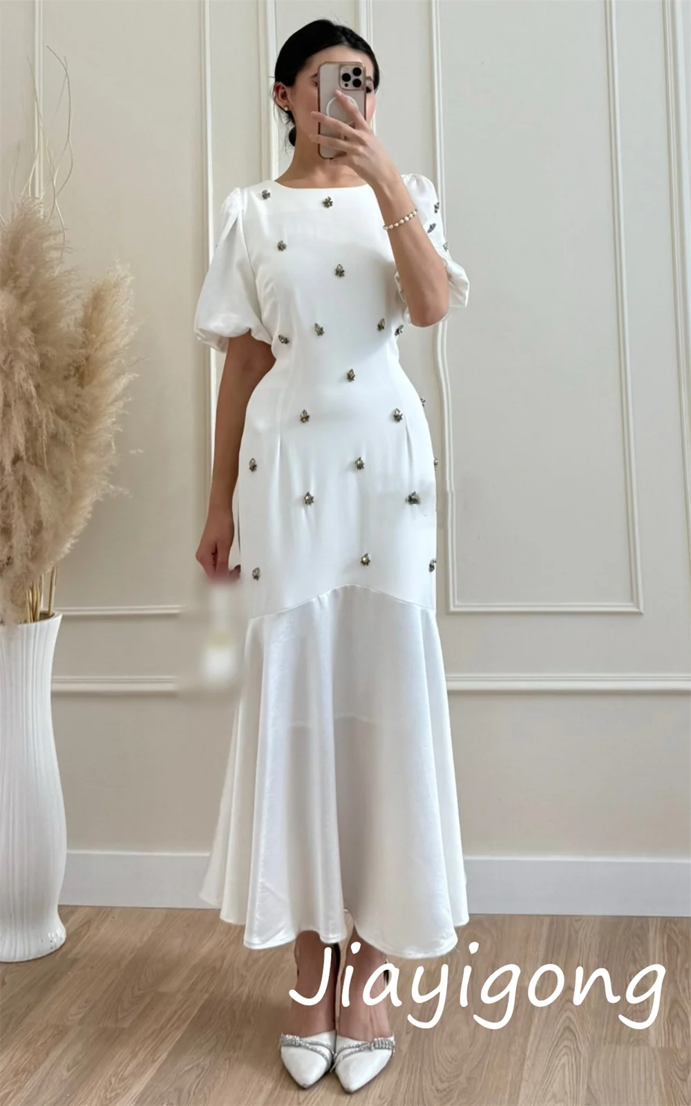 Vestidos Midi personalizados con lentejuelas y pliegues, corte en A, cuello redondo, moda para ocasiones a medida