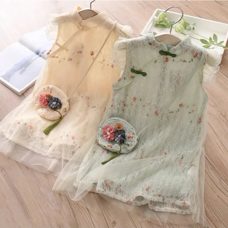 2023 Summer New 3 4 6 8 9 10 11 12 Years Chinese Style Crew Neck Fly Sleeve Lace Cheongsam Dresses With Bag For Kids Baby Girls