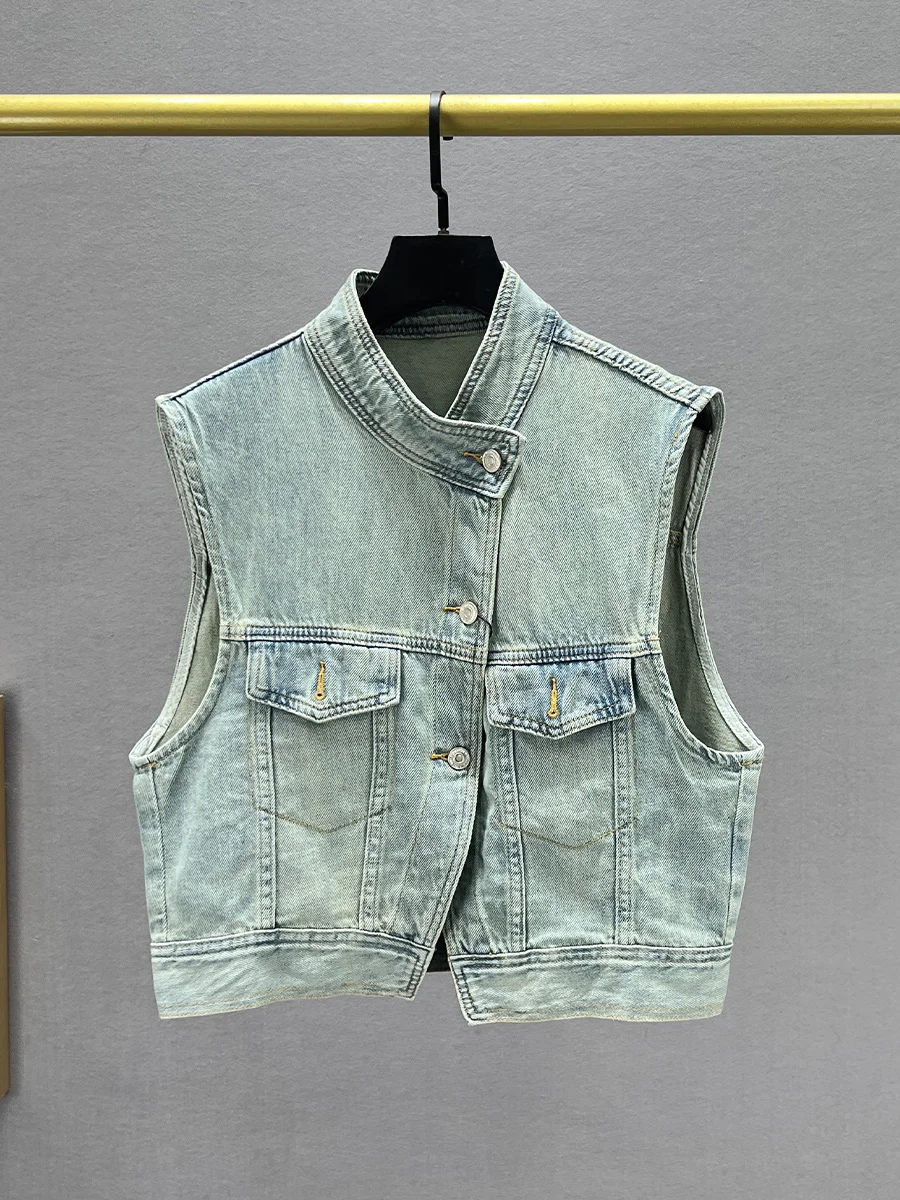 

Женская джинсовая куртка без рукавов в стиле BF, свободного кроя, с круглым вырезом, из смесового хлопка и полиэстера, укороченная, асимметричная, ранняя осень 2024