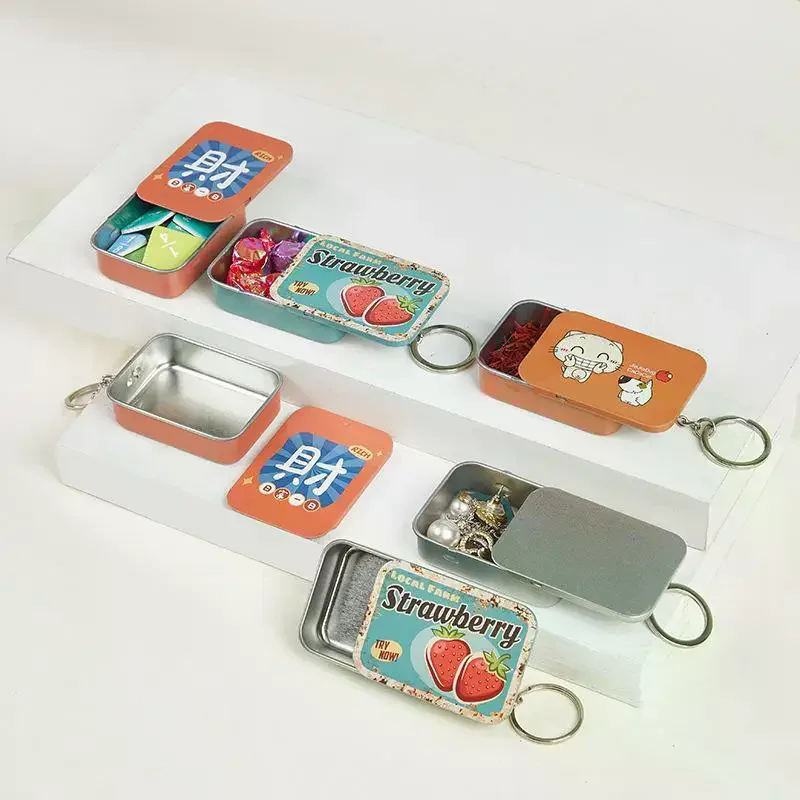 Rectangular Slide Top Containers Push-Pull Tin Box For Lip Balm Empty Metal Storage Boxes With Sliding Lids With Keyring 1Pc