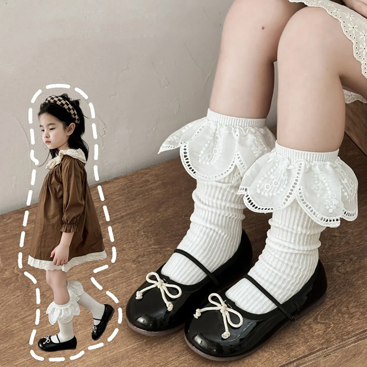 White Lace Girl Socks Fabric Embroidery Princess Ruffled Sock Soft Cotton Children Mid-Calf Sock Spring Autum Kids Long Stocking