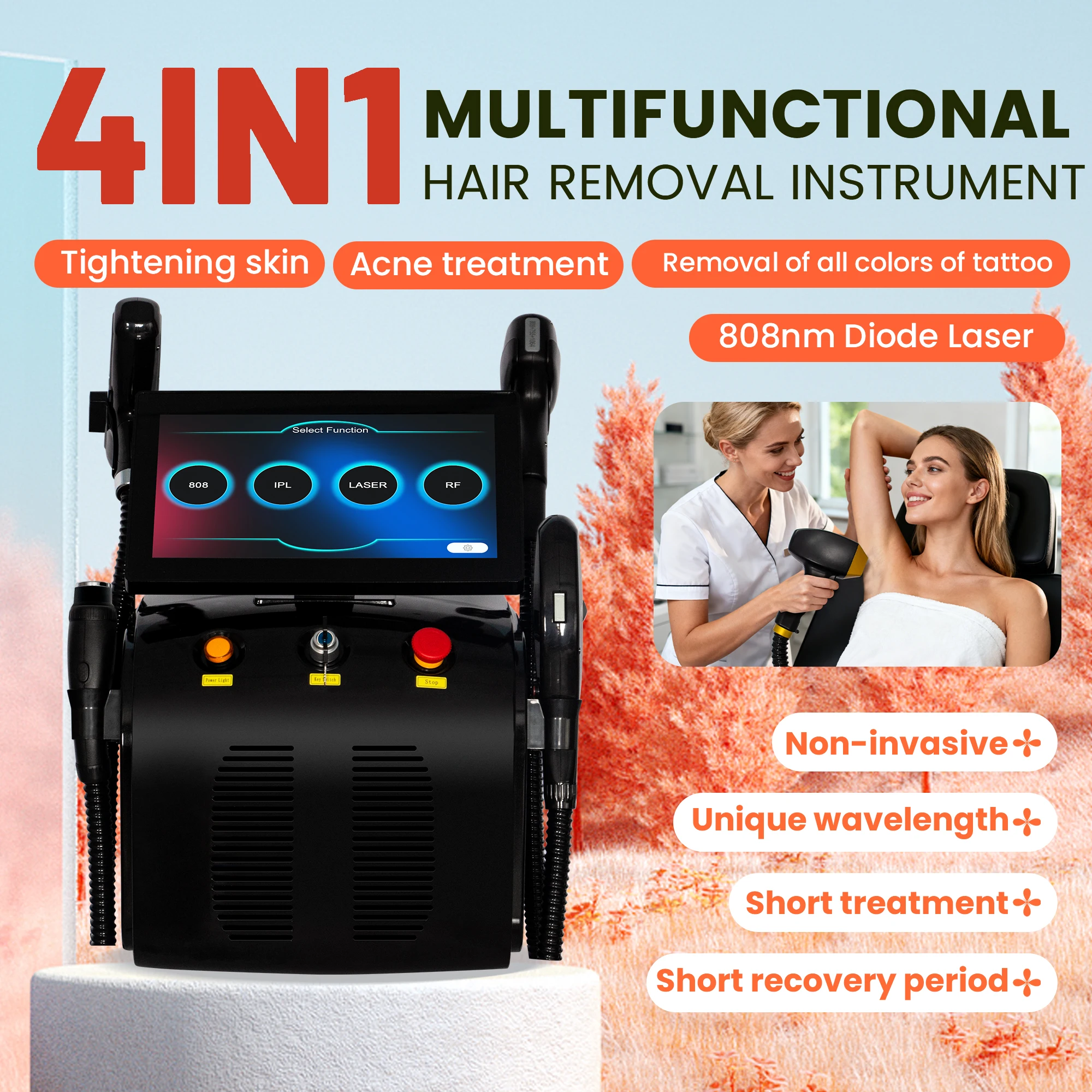 

Многофункциональный косметологический аппарат 4-в-1: диодный лазер 4000 Вт, пикосекундный лазер, DPL, RF для удаления волос и татуировок, ухода за кожей, салонное оборудование