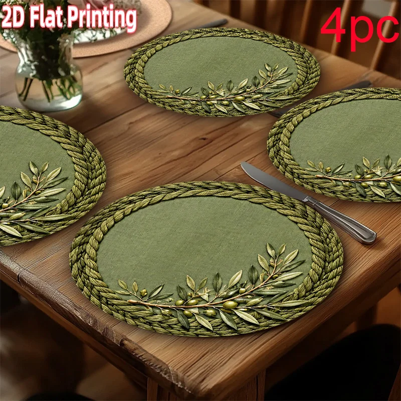 VIKAMA Farmhouse Round Placemats Set of 4 Olive Green Woven Olive Branch Dinner Mats Minimalist Decor Heat Resistant Washable