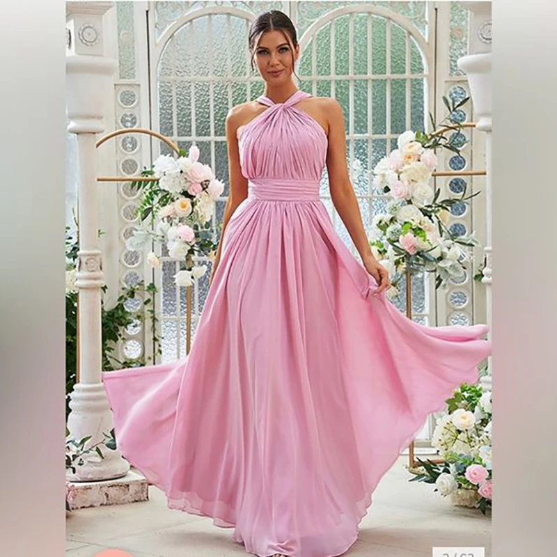 Simple Casual Pink Summer Evening Dress Halter Floor Length Pleat Sleeveless Chic Gown Special Occasion Beach Women Long Dresses