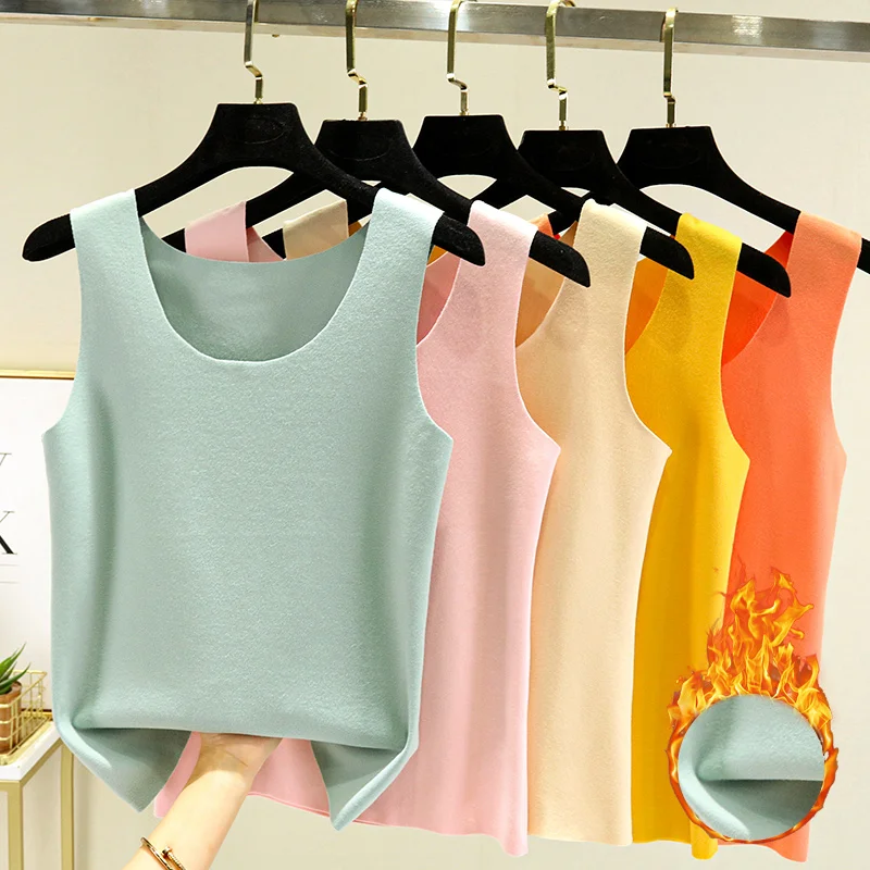 Thickened Fleece Warm Vest Women's Winter round Necklined Fleece Lined Strap Thinming Effect Outerwear Base Shirt