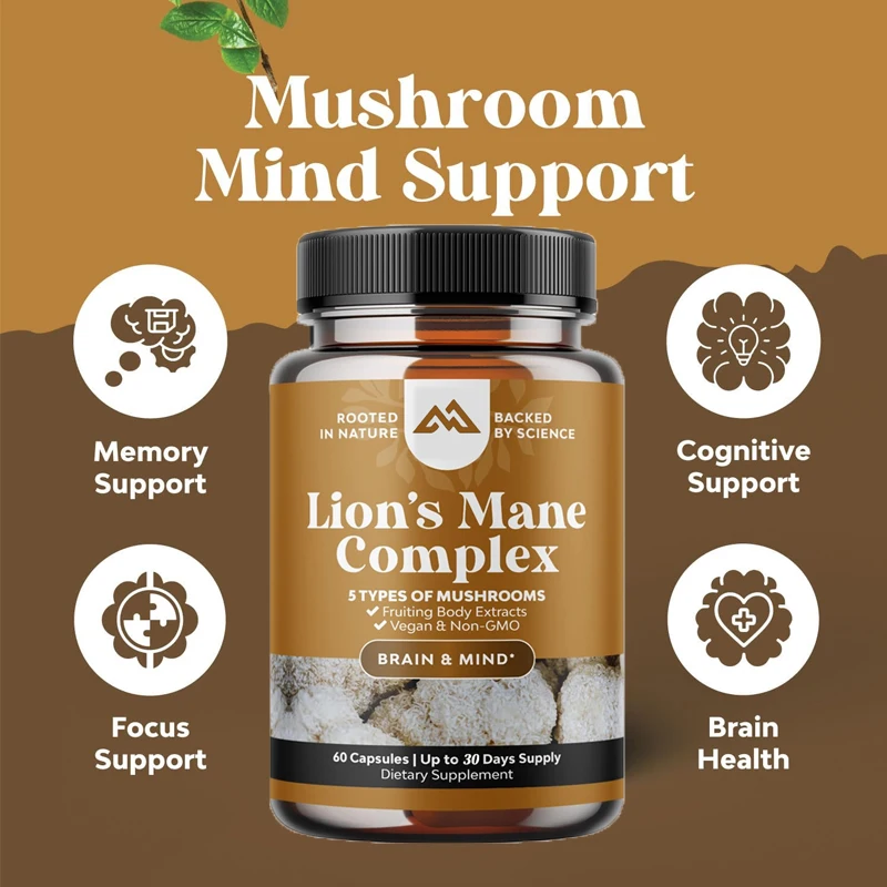 

60 capsules of lion mane, 5-fold fruit mushroom complex, white birch mushroom, shiitake mushroom, and ganoderma lucidum