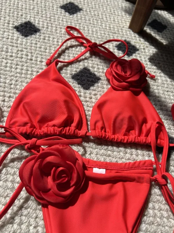 Zestaw seksowne Bikini damski strój kąpielowy 9 kolorów 3D z wycięciem w kwiaty solidne mikro Bikini brazylijskie strój kąpielowy stringi stroje