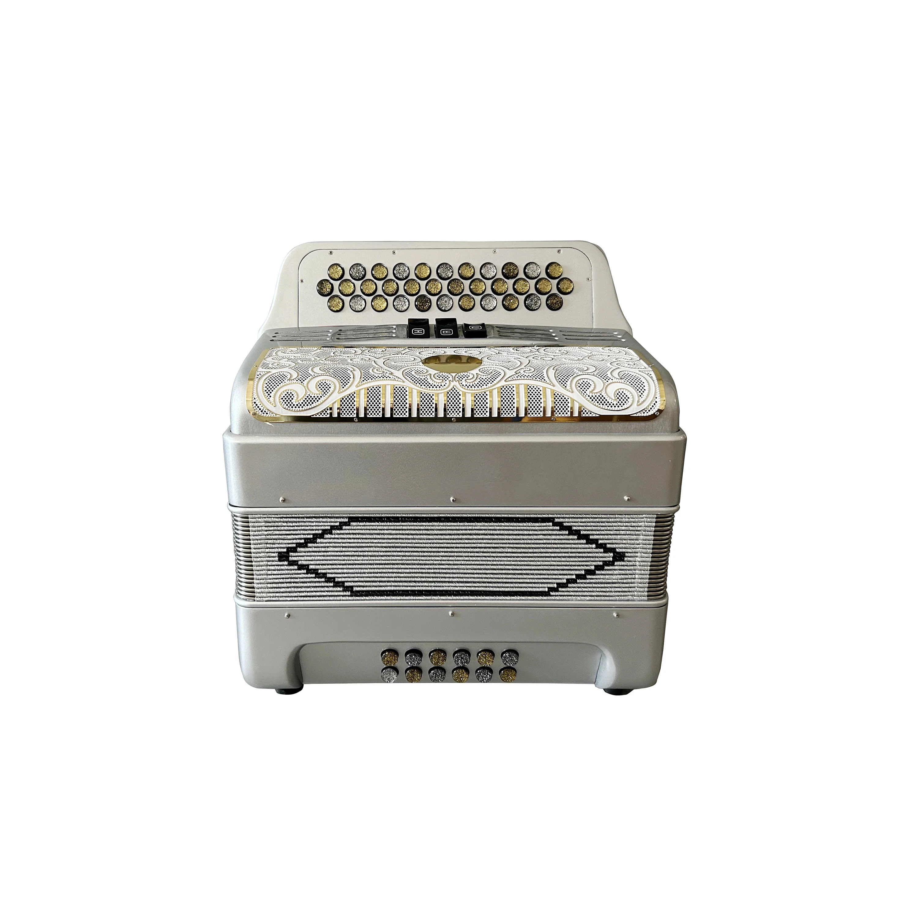 

Diatonic Accordion With 34 Buttons 12 Bass 3 Registers Silver & White Gold Grill JB3412C Model
