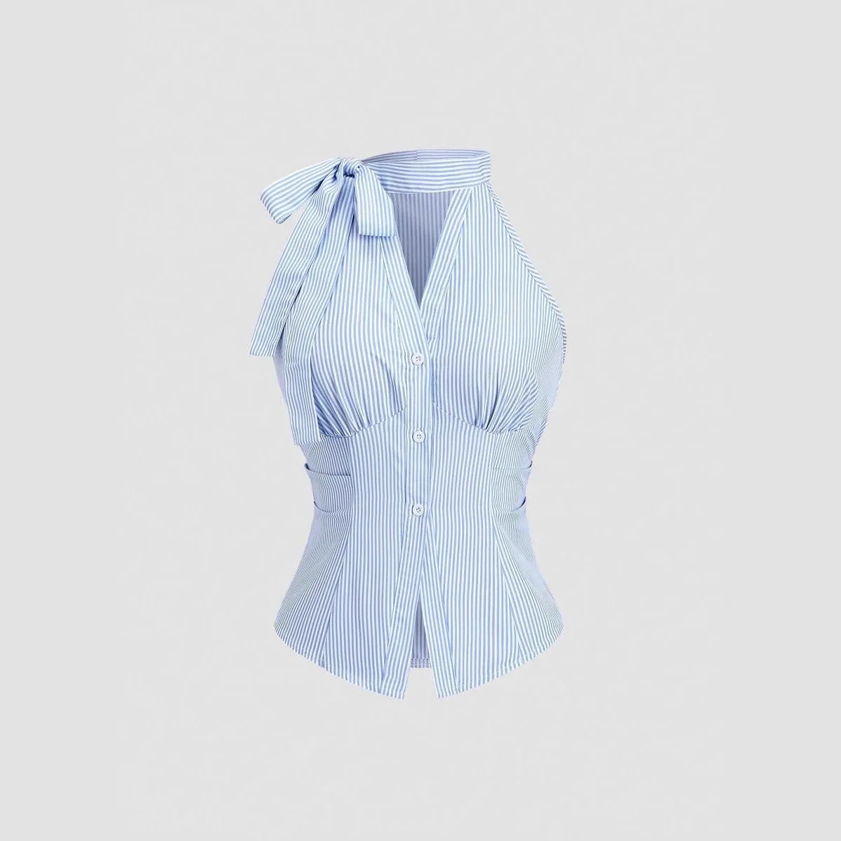 Women's New Summer Design Sense Top, Striped Halter Neck Sleeveless French Style Ruched Waist Slim Fit Crop Blouse