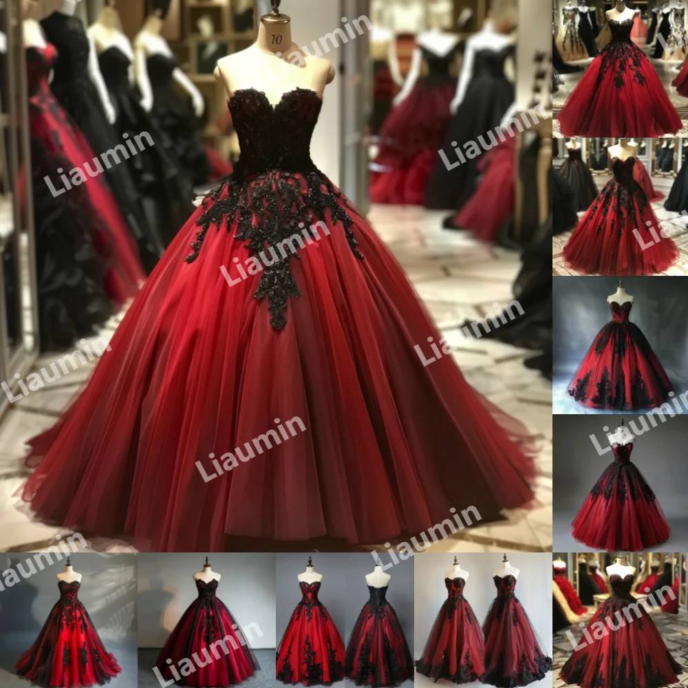 Classic Red Tulle Black Lace Applique Strapless Ball Gown Prom Formal Occasion Dresses Evening Lace Up Back Clothing A3-4.3