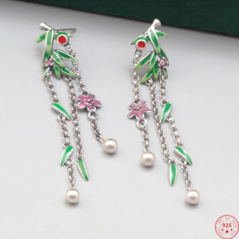 

S925 Sterling Silver Charms Studs Earrings for Women Ethnic Style Cloisonne Bamboo Flowers Ear Studs Fashion Jewelry Wholesale