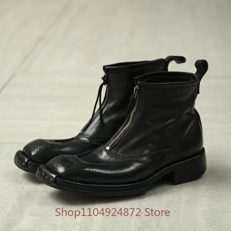 British Style Genuine Leather Front Zipper Square Toe Ankle Boots Men's Handmade Dark Black Punk Motorcycle Chelsea Boots Male