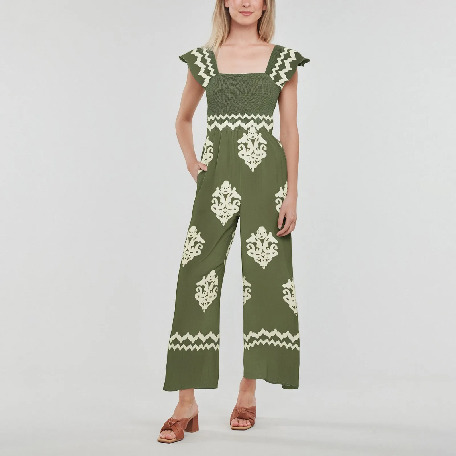 

Women Strap Jumpsuit Fashion Fresh Bohemian Print Casual High Waist Wide Leg Jumpsuit With Pocket Summer Causal Vacation Clothes