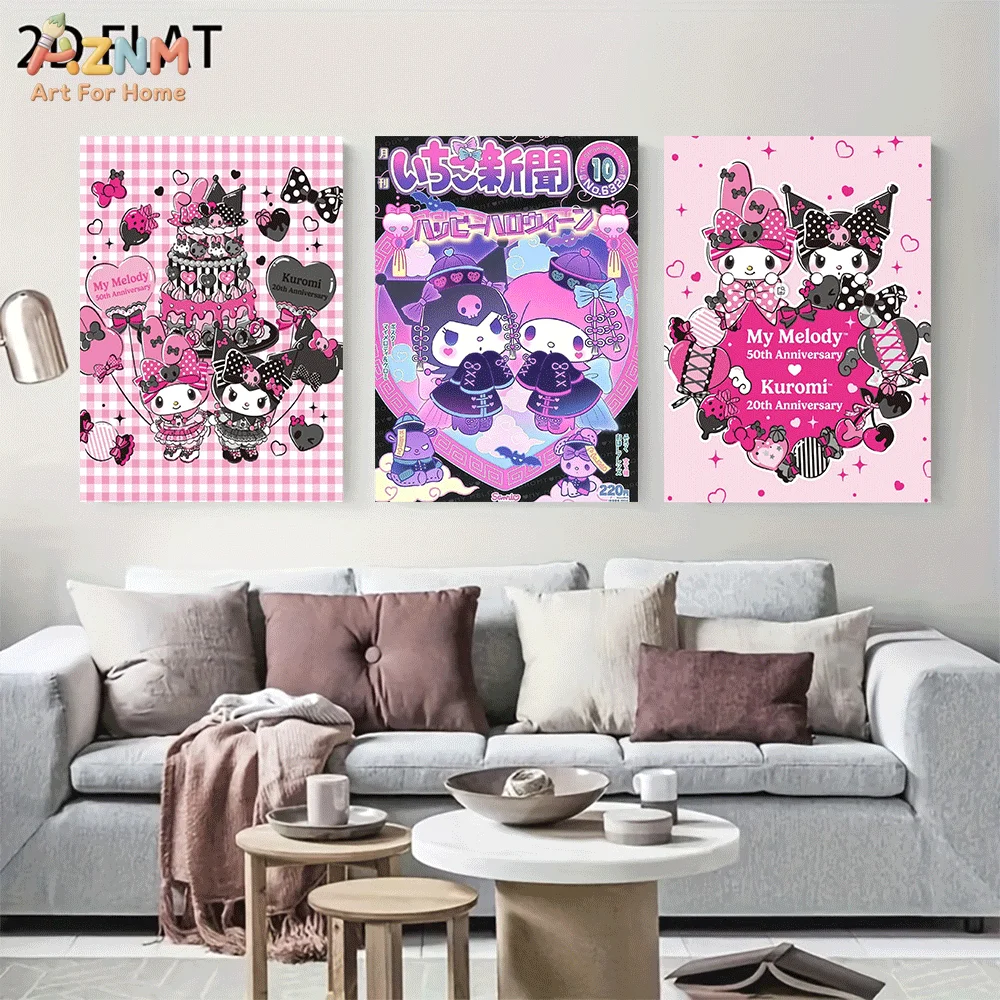 AZNM Kuromi My Melody Frameless Canvas Wall Art, Pink Checker Retro Magazine Cartoon Poster, Sweet Gothic Aesthetic Home Decor P