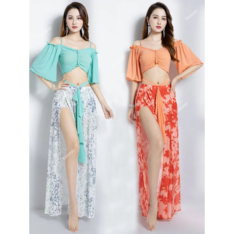 Belly Dance Costume 2 Piece  Dress Women Set French Sexy Elegant Ruffle Sleeve Top Sexy Side Split Skirt Long Cream New