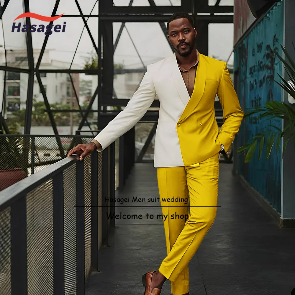 New Design Color Block Men's Suit 2-piece Green Fruit Collar Groom's Tuxedo for Wedding Formal Queue Outfit Slim Fit Pants